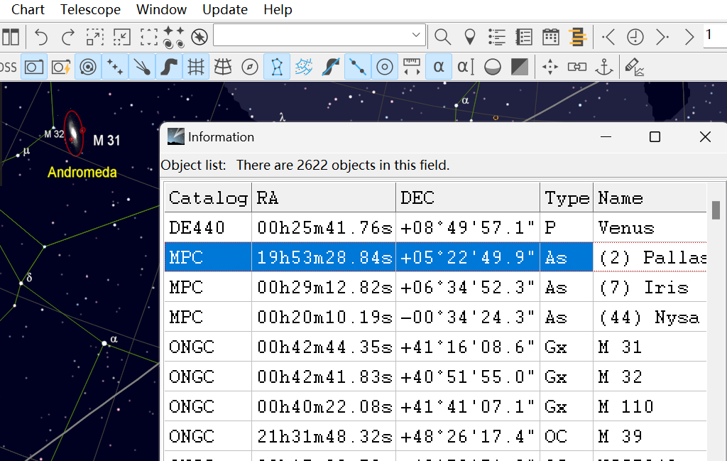 SkyChart Object list